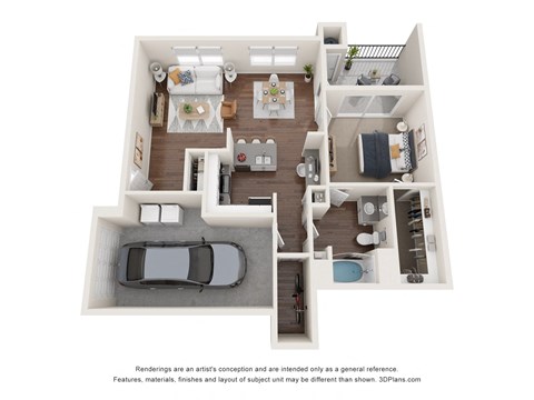 Floor plan for 1 bed, 1 bath, 977 sqft